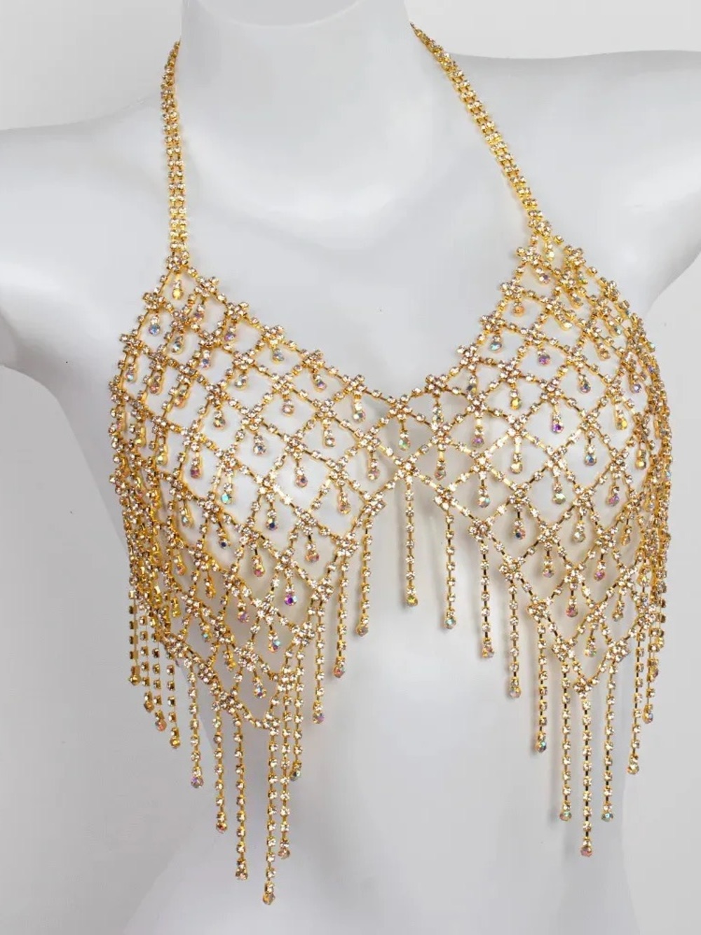 Gold Crystal Fringe Body Chain Bra - Women Jewelry